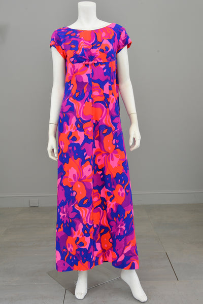 1960s 70s Bright Neon Pink Purple Babydoll Maxi Dress with Draped Back