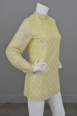 1960s Pale Yellow Beaded Micro Mini Go Go Dress Tunic | Twiggy Dress