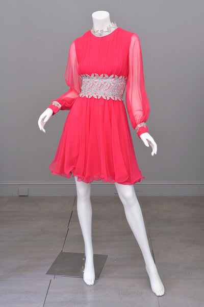 1960s Hot Pink Chiffon Party Dress with Silver Lamé Waistline | Disco Dress