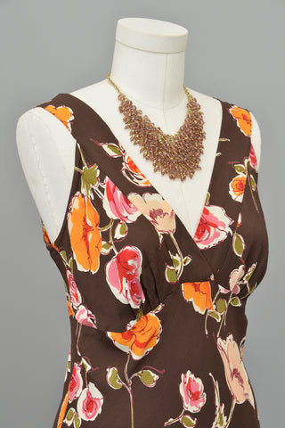 1970s or 90s doing 30s Brown Floral Print Bias Style Dress