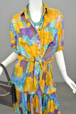 1970s 80s Gold Purple Aqua Watercolor Desert Floral Print Bubble Skirt + Tie Front Blouse Set