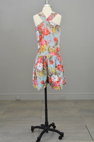 1970s 80s Sky Blue Floral Rose Print Cotton Playsuit Romper | Cottagecore style romper