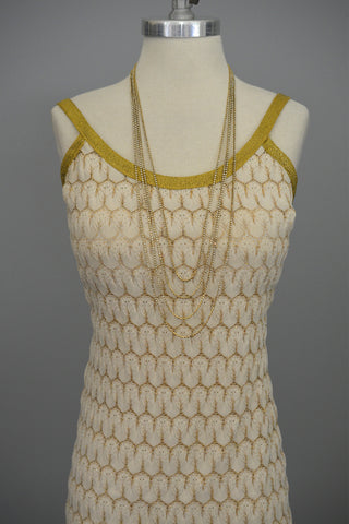1970s Cream Gold Textured Knit Maxi Dress