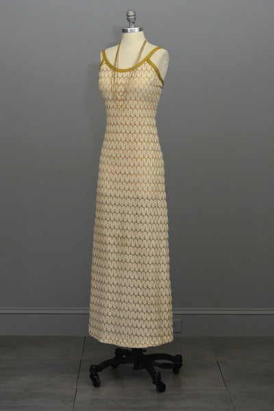 1970s Cream Gold Textured Knit Maxi Dress