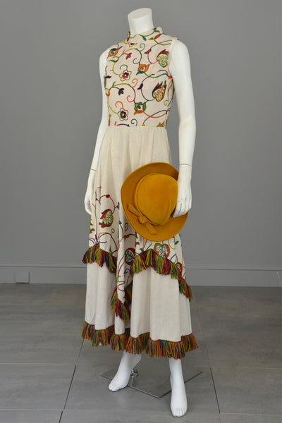 1970s Vintage Yarn Embroidered & Fringe Maxi Dress Chevron Panels Hipp