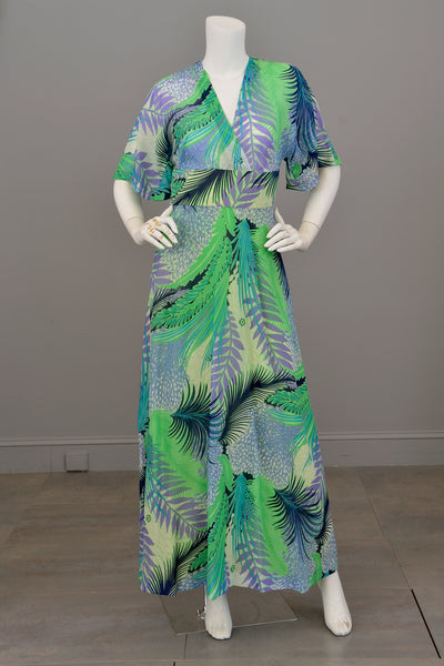1970s Chiffon Feather Print Maxi Dress with Flutter Sleeves