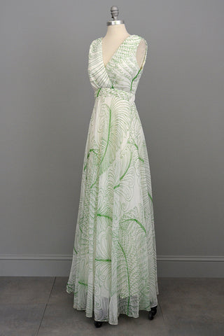 1970s Feather Print Chiffon Baby Doll Maxi Dress with Matching Shawl