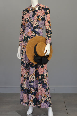 1970s Twisted Halter Keyhole Floral Print Maxi Dress + Matching Jacket