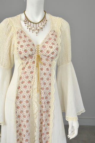 1970s Vintage Renaissance Victorian Revival Peasant Prairie Dress by Jody T | Romantic Hippie Dress w Poet Bell Sleeves | 70s Woodland Fairy Dress