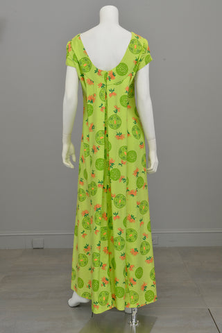 1960s 70s Hawaiian Lotus Print Draped Back Babydoll Maxi Dress