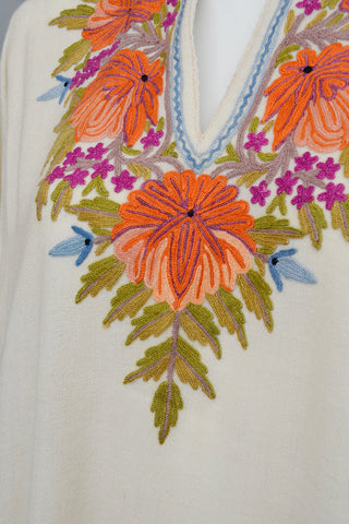 1970s Embroidered Off-White Wool Tunic Caftan Dress, Size L