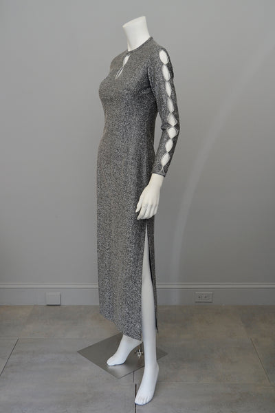 1970s Metallic Sliver Keyhole Sleeves Cheongsam Style Dress