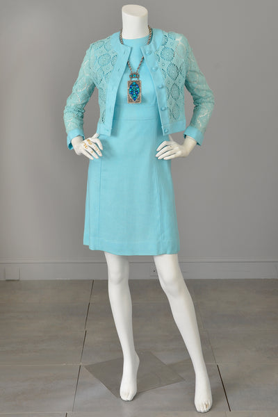 1970s Sky Blue Scooter Dress and Matching Crochet Lace Blouse Jacket