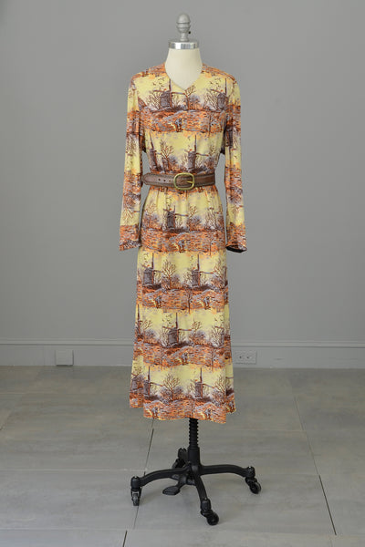 1970s Pastoral Windmills Novelty Print Velveteen Dress