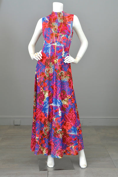 1970s Vibrant Fuchsia Pink Purple Atomic Print Jersey Maxi Dress