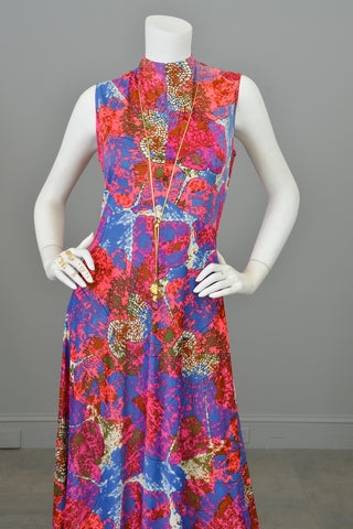 1970s Vibrant Fuchsia Pink Purple Atomic Print Jersey Maxi Dress