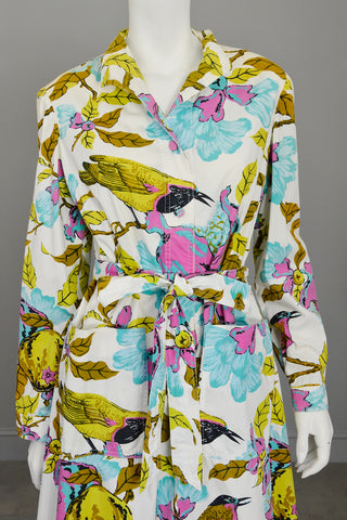 1970s White Cotton Bird Print Shirt Dress Novelty Print Dress, Large