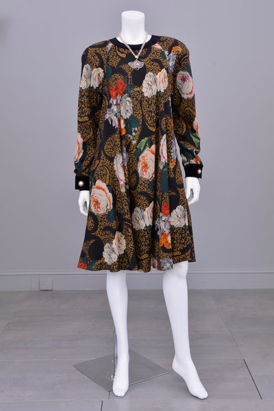 1980s Painterly Rose Print Trapeze Dress by Donna Morgan for Leslie Fay