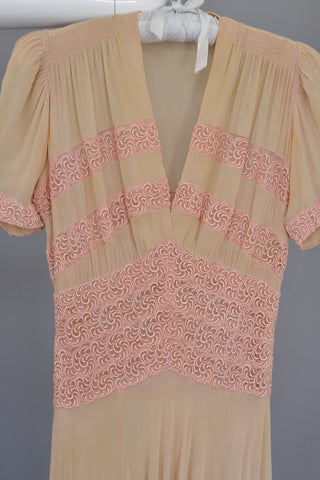 1930s Glamour Gown | Pink Embroidered Lace Ecru Rayon Crepe Deco Gown