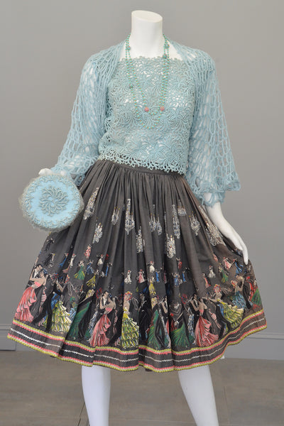 1950s Novelty Print Skirt Ballroom Scene Vintage Skirt Pinup