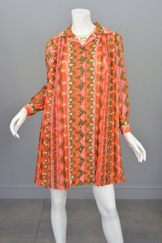 1960's MOD Mini Dress Knife Pleated Sheer Retro Novelty Print Mini Dress Tunic