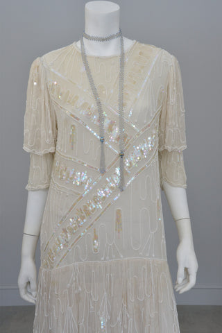 70s 20s Antique White Sequins Pearls Titanic Flapper Dress by Lillie Rubin