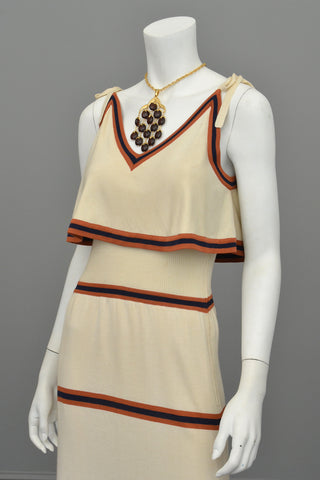 1970s Knit Maxi Dress with Flounce Top, Navy and Nutmeg Stripes, Italian knit by Crissa
