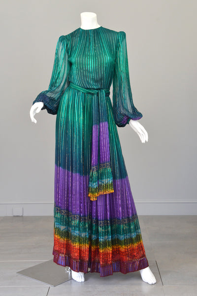 RESERVED 1970s Sheer Peacock Rainbow Silk Maxi Dress with Poet Sleeves Vintage Dress