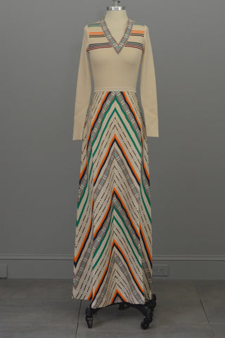 MOD Vintage 1970s Cream Chevron Stripes A-Line Maxi Knit Dress by Crissa Made in Italy