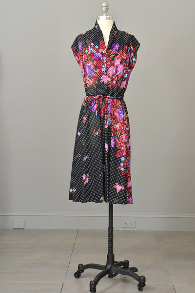 70s Vintage Novelty Floral Print Sheer Jersey Dress