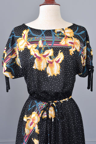 70s Vintage Sheer Jersey Orchid Print Dress