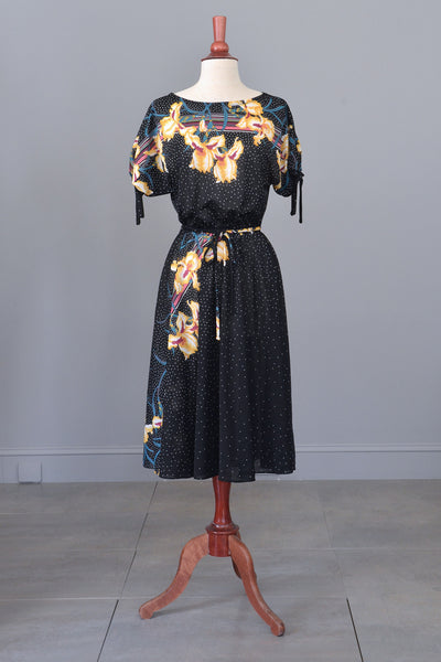 70s Vintage Sheer Jersey Orchid Print Dress