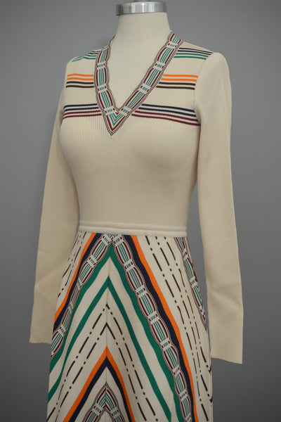 MOD Vintage 1970s Cream Chevron Stripes A-Line Maxi Knit Dress by Crissa Made in Italy
