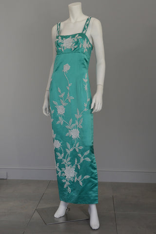 Aqua Silk Sheath Dress with Intricate Seed Bead Floral Design