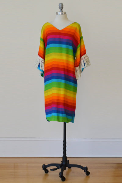 1970s Umbrella Striped Hippie Chic Mini Dress Tunic Cover-Up with Fringe