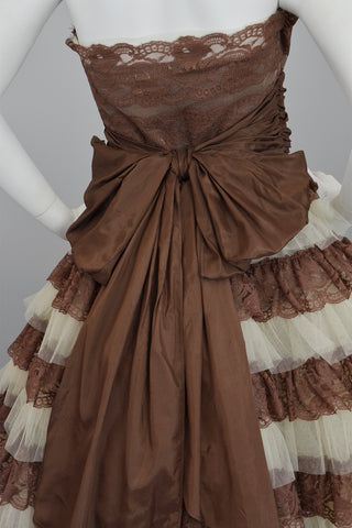 Betsey Johnson 50s Style Brown Tiered Lace Party Prom Pinup Dress