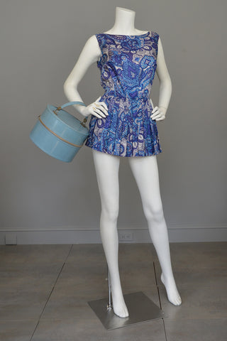 1950s Blue Paisley Vintage Pinup Romper Bathing Suit Playsuit