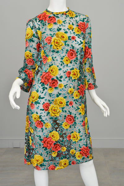 Burnout Velvet Novelty Floral Print Vintage Shift Dress Cut Velvet Dress