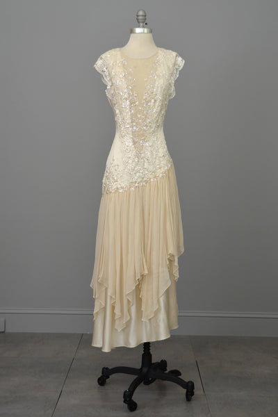 Vintage 80s 90s Beaded Lace Silk Chiffon Flapper Dress