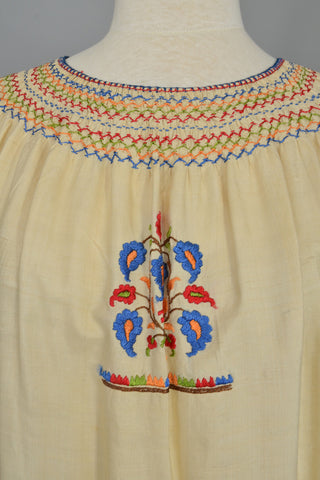 Ecru with Red Blue Embroidered Florals Vintage Peasant Smock Top