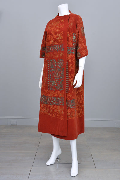 Aqua Embroidered Paprika Red Velveteen Corduroy Vintage Duster Coat