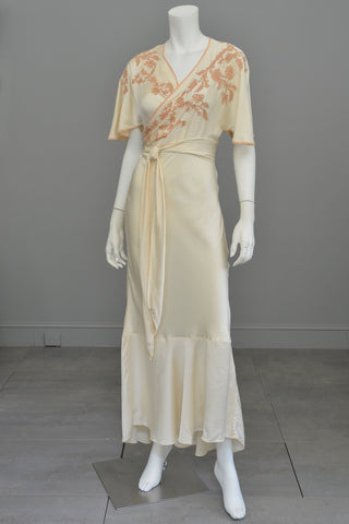 1930s Silk Embroidered Wrap Nightgown Dress w Kimono Style Flutter Sleeves