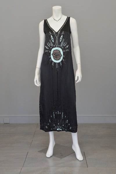 Eye of the Peacock Satin 1920s Deco Tabard Dress