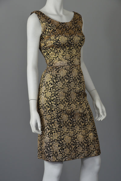 1960s Gold Brocade Vintage Cocktail Dress Wiggle Dress XS