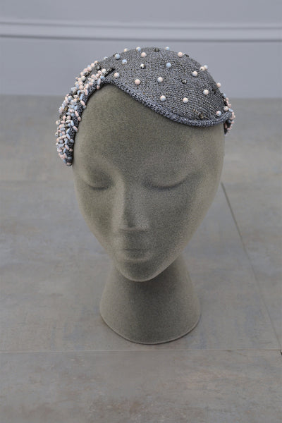 Grey woven and beaded vintage hat fascinator