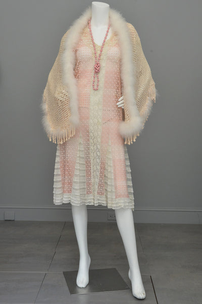 1920s Pink White Eyelet Lace Flapper Dress