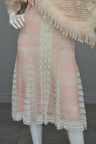 1920s Pink White Eyelet Lace Flapper Dress