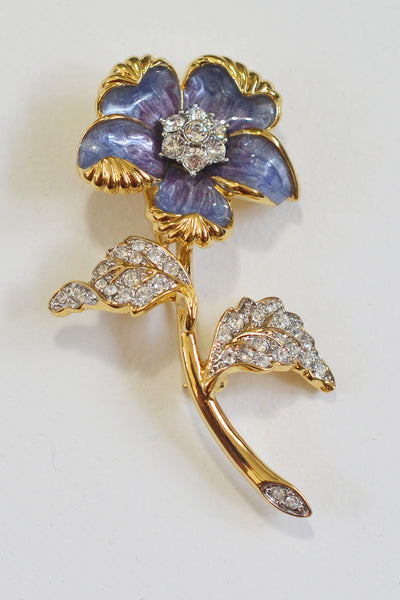 Nolan Miller Purple Enamel and Crystal Flower Brooch VintageVirtuosa