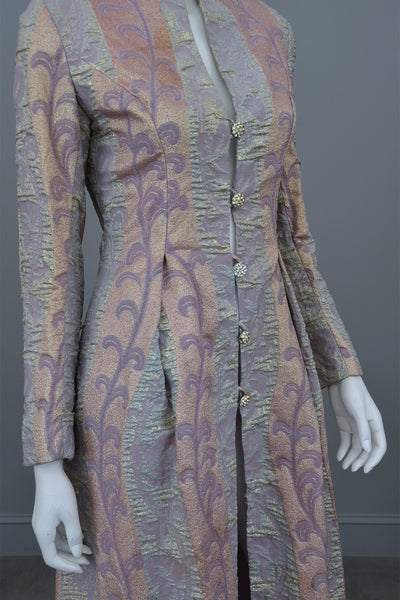1960s 70s Lurex Brocade Maxi Evening Dress Coat XS