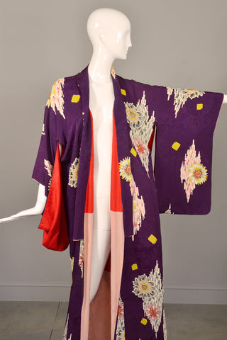 Aubergine Jacquard Cabbage Floral Print Vintage Kimono